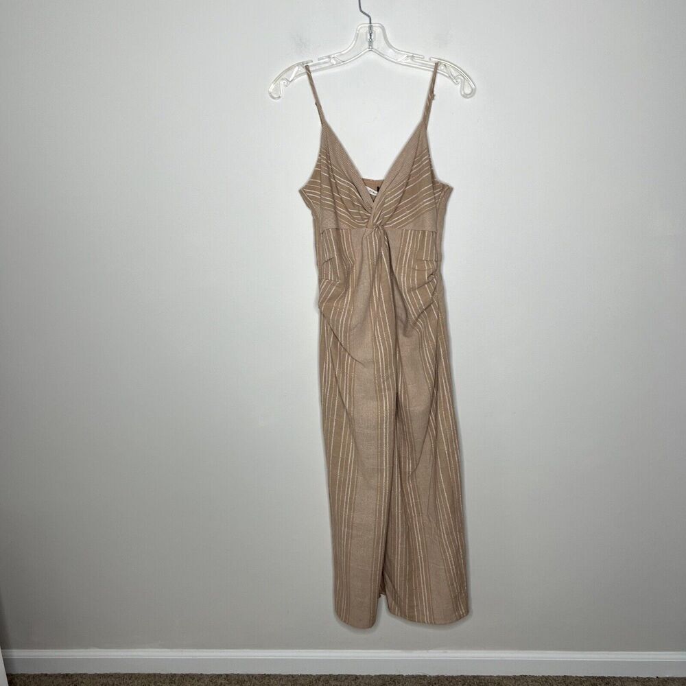 Mustard Seed Women’sDress Medium Cotton Twist Front Tan Stripes Midi Lagenlook - Picture 5 of 15